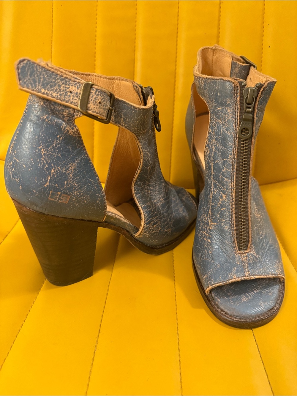 BED STU - Navy Distressed Peep-Toe Block Heel Sandals - inside wear only.